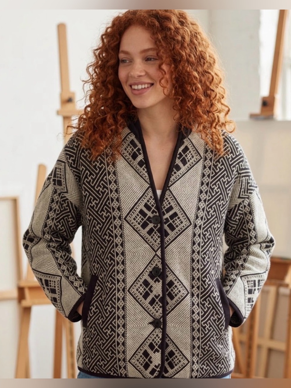 Madewell Black and Cream Geometric Teddy Jacket